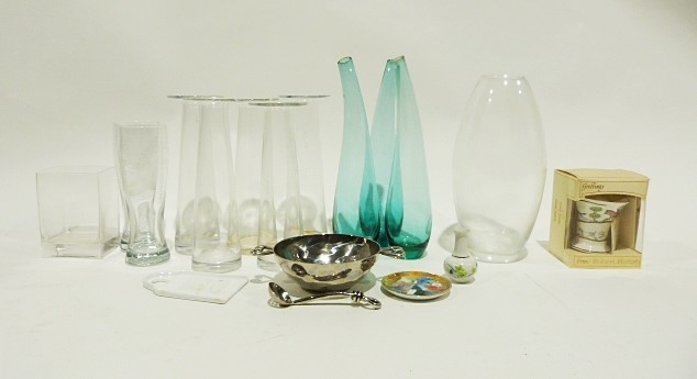 Large glass vase of ovoid form, other glass vases, a set of three glass vases, various toys, - Image 4 of 5