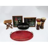 Oval red tray with part gallery, a framed footballing memento collection, assorted vases and