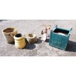 Green plastic square jardiniere, chimney pots, jardiniere, child's tricycle, terracotta planter