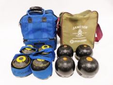 Quantity of bowling trophies and a set of Jaques "Jackfinder" bowling boules and a set of Thomas
