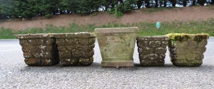 Five square stone-effect jardinieres, the largest with latticework decoration, 36cm wide (5)