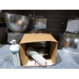 Three large industrial ceiling lights with aluminium shades and electrical fittings and a box of LED