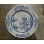 Chinese porcelain plaque, underglaze blue lakeside landscape painted decoration, 36 cm diam (