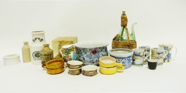 Box of Adams green tea and dinnerware and other items, a composition and wood crib scene and a large - Image 2 of 5