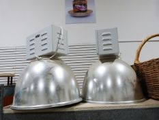 Pair of industrial ceiling lights with electrical fittings and aluminium domes