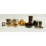 Assorted jardinieres, a gold lacquer fruit bowl and model fruit, a copper lustre jug and other items