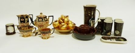 Assorted jardinieres, a gold lacquer fruit bowl and model fruit, a copper lustre jug and other items