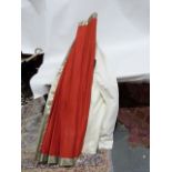 Red silk blind with gold coloured thread border, approx. 182cm wide and a matching