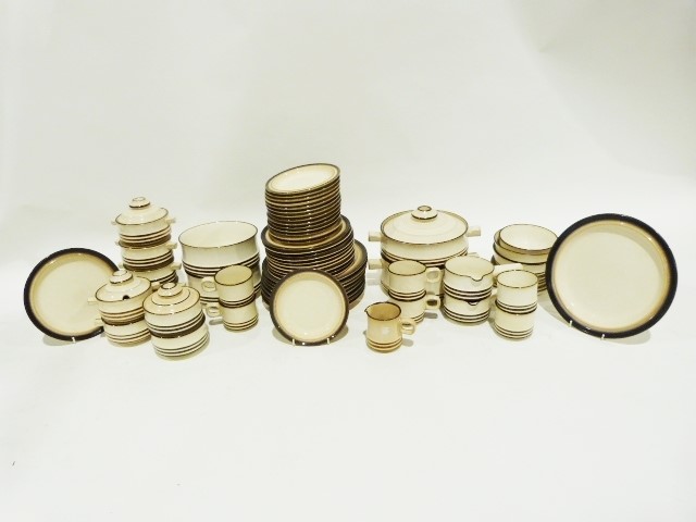 Quantity of Denby stoneware tableware comprising plates of various sizes, serving dishes, soup bowls