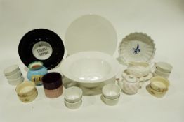Set of blue glazed earthenware bowls, large plain white bowl, a white glazed platter and various