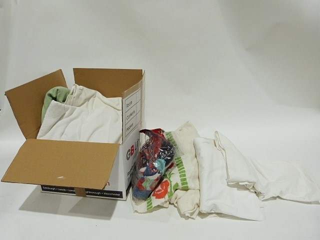 Two boxes of assorted textiles including scarves, blankets, bedlinen etc.(2 boxes)