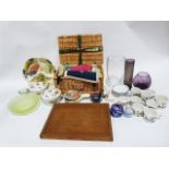 Amethyst glass goblet, Portmeirion Botanic Garden mugs, large glass vase, assorted textiles, etc. in
