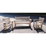 Hardwood garden bench with slatted back and seat, 161cm wide and two matching armchairs (3)