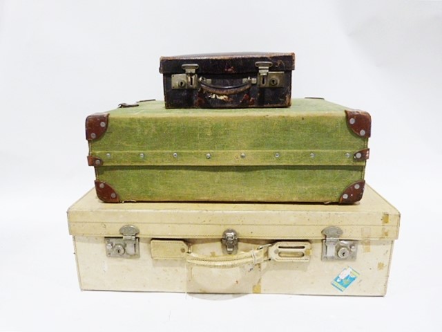 Vintage canvas suitcase with leather corners, the interior fitted for shoes, a second vintage