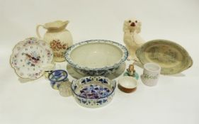 Large Staffordshire spaniel, a blue and white wash bowl, a Victorian ewer, a quantity of Adams