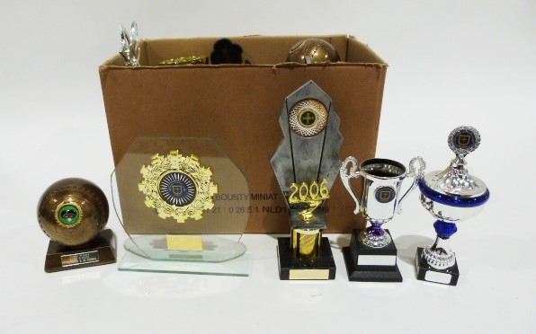 Box of assorted bowling trophies and a set of Thomas Taylor bowls in carrying bag and two other sets - Image 2 of 2