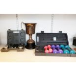 Set of One Body handweights, boxed, three pairs of dumbbells, boxed and a trophy