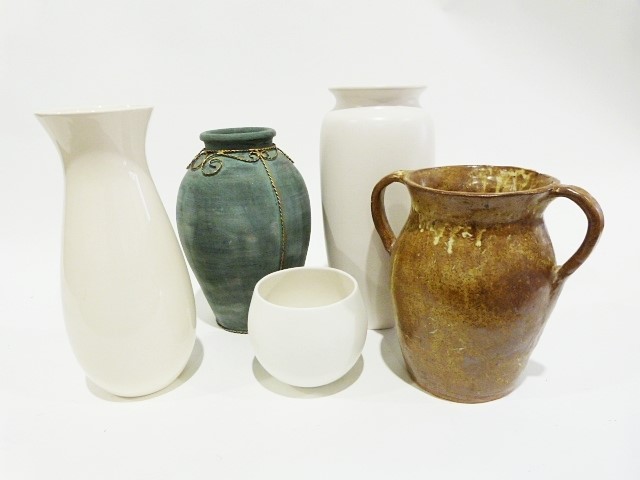 Glass vase of squat circular form, a quantity of drinking glasses, various studio pottery vases, - Image 4 of 4