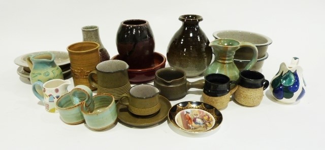 Glass vase of squat circular form, a quantity of drinking glasses, various studio pottery vases,