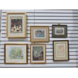 Quantity of framed prints, a wooden easel, a two handled wooden tray, assorted lampshades, etc.(3