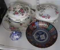 Two Wedgwood 'Charnwood' tureens and matching circular plate and other ceramic items including Imari