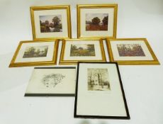 Framed etching and a set of five framed prints