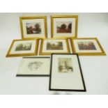 Framed etching and a set of five framed prints