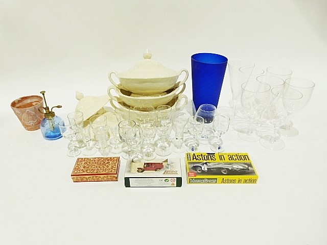 Box of assorted drinking glasses, a wooden crate and other items (4)