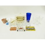 Box of assorted drinking glasses, a wooden crate and other items (4)