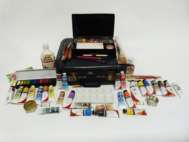 Vintage KLM suitcase and contents of assorted painting equipment including tin artist's box, ceramic