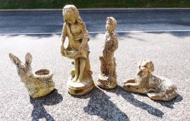 Stone-effect garden statue of a girl holding out her dress, 81cm high, another, smaller boy with his