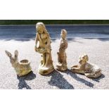 Stone-effect garden statue of a girl holding out her dress, 81cm high, another, smaller boy with his