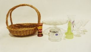 Two boxes of glassware including drinking glasses, a ruby glass vase and a wicker basket (2 boxes