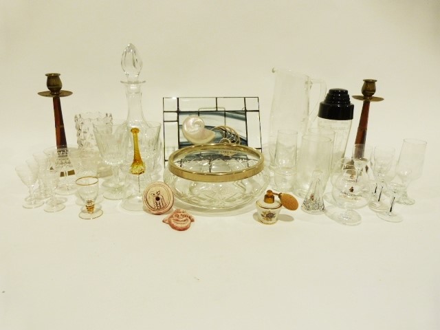 Three boxes of assorted glassware including drinking glasses, decanters, bowls, cocktail shaker, etc