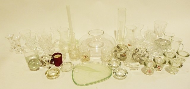 Glass vase of squat circular form, a quantity of drinking glasses, various studio pottery vases, - Image 2 of 4