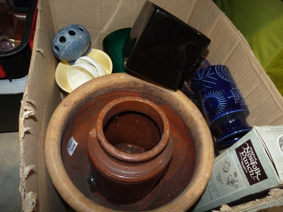 Large painted terracotta garden planter, a stoneware storage jar and assorted vases, etc. (1 box)