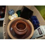Large painted terracotta garden planter, a stoneware storage jar and assorted vases, etc. (1 box)
