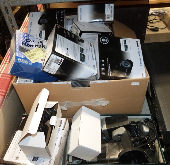 Quantity of HD bullet cameras, CCTV cameras (boxed), an Olympus Super-Zoom 115 camera, two SLXRF