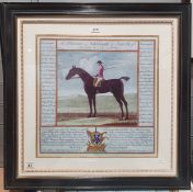 Colour prints Racehorses with armorial crest of their owners, framed,  74 x 74cm to include the