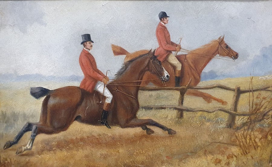 Unattributed Oil on canvas Huntsmen approaching a fence, 27 x 42cm within a carved wooden frame with