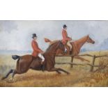 Unattributed Oil on canvas Huntsmen approaching a fence, 27 x 42cm within a carved wooden frame with