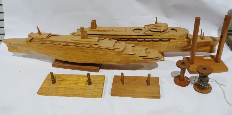 Three-masted galleon made from matchsticks, a liner, and another and a ferryboat with various stands