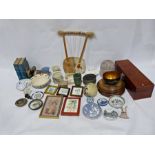 Cow hide string instrument, a pottery teapot, ceramic bowls, collectables, etc. (2 boxes)