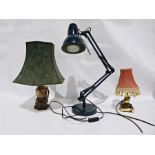 Black anglepoise lamp, a brass coloured small table lamp and a small silver-coloured metal table