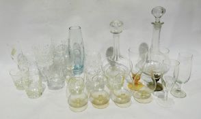 Quantity of decanters, pressed glass, cut moulded glass tumblers, a vase, etc (2 boxes)