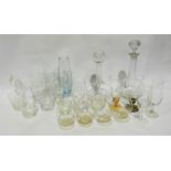 Quantity of decanters, pressed glass, cut moulded glass tumblers, a vase, etc (2 boxes)
