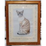 Six assorted pictures and prints including watercolour of cat and reproduction advertising mirror (