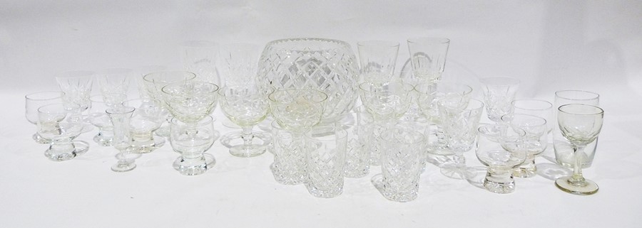 Selection of glassware to include cut glass wines, rose bowl, advertising tumblers including Haig