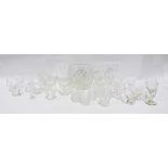 Selection of glassware to include cut glass wines, rose bowl, advertising tumblers including Haig
