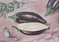 Honeywill Oil on canvas Study of aubergines, signed lower left  together with various photographic